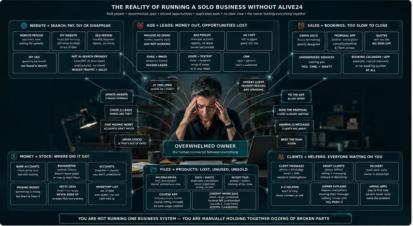 Map of a solo business without Alive24: paid people, disconnected apps, missed leads and the owner holding it all together