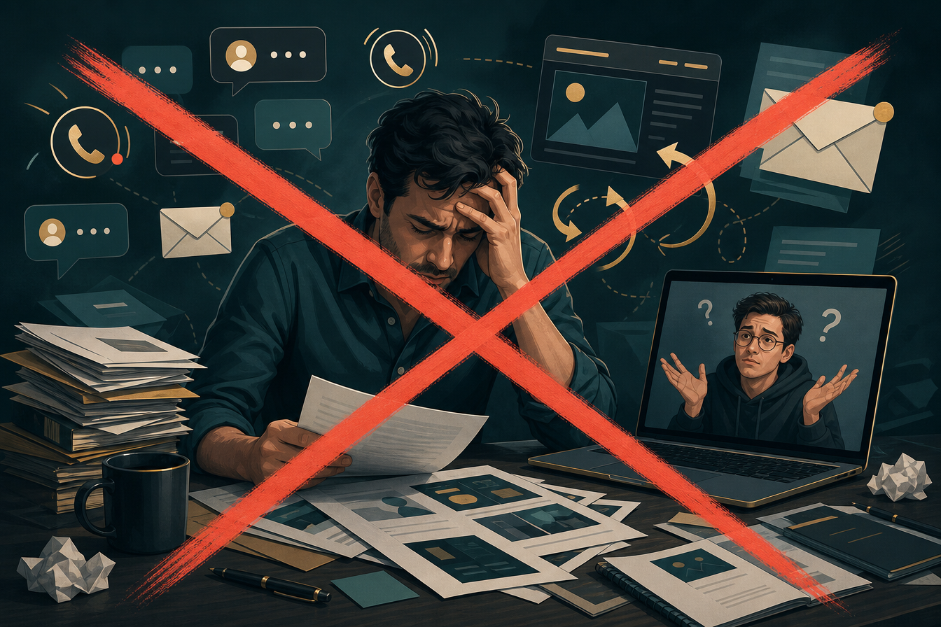 A business owner overwhelmed by calls, emails and revision rounds with a designer — crossed out because Alive24 removes the need entirely
