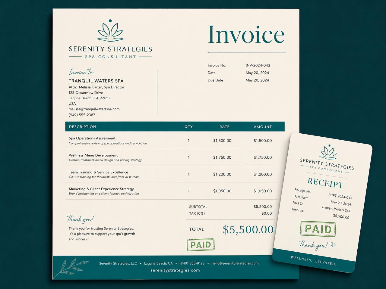 An invoice and receipt — created on brand inside Alive24