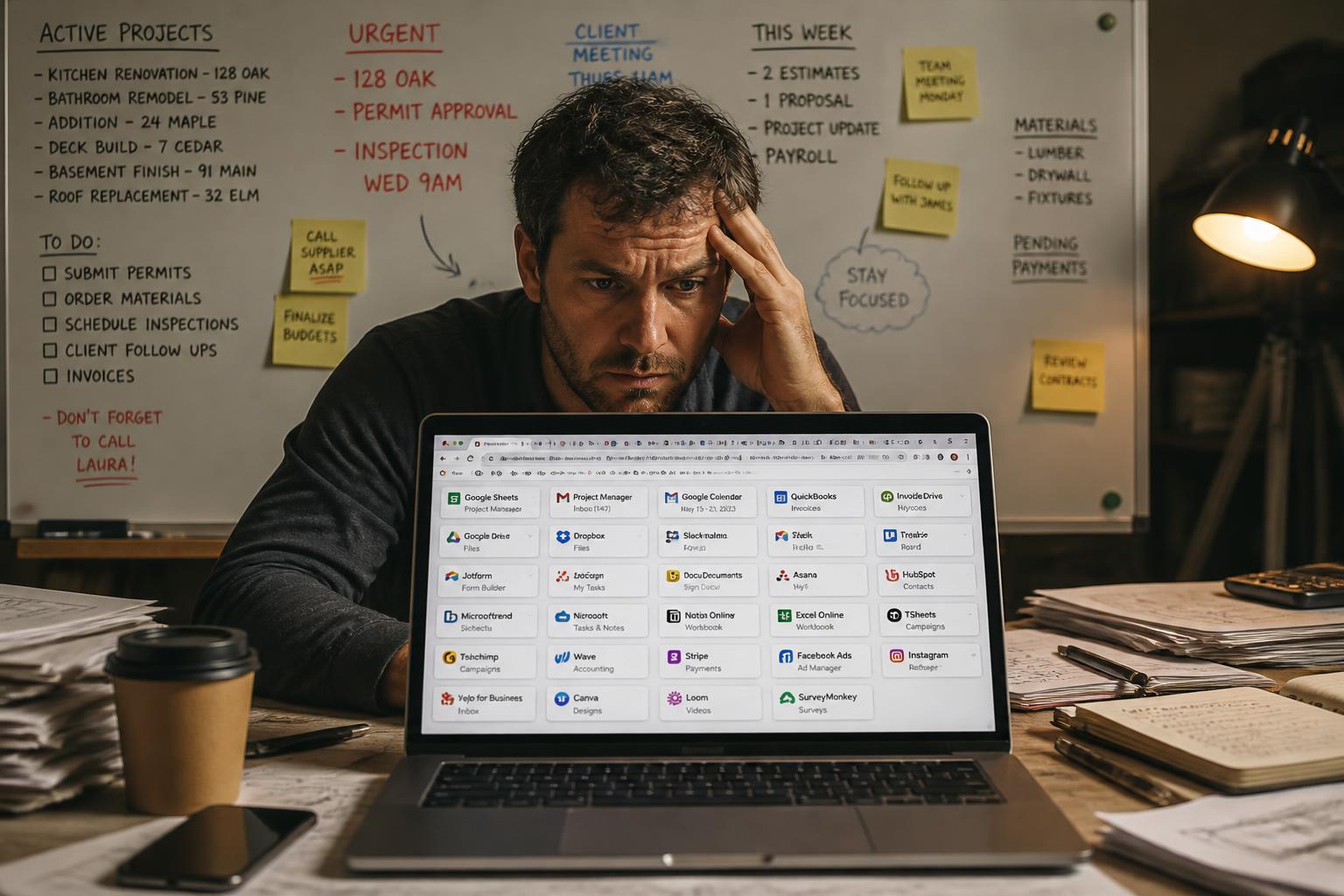 Solo business owner overwhelmed at a laptop covered in open app tabs, with a whiteboard of handwritten client work behind them