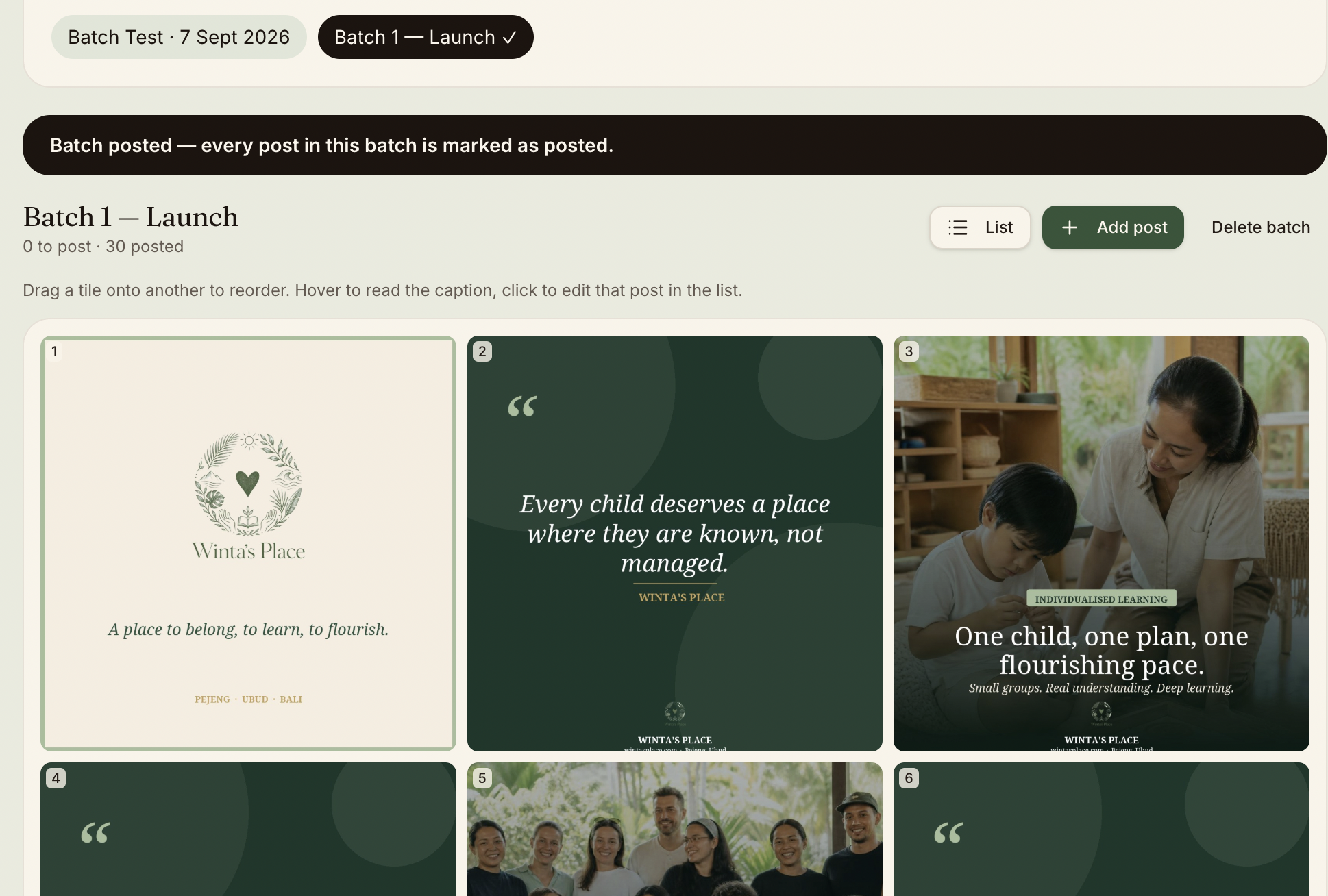 A social content batch created inside Alive24 for Winta’s Place school