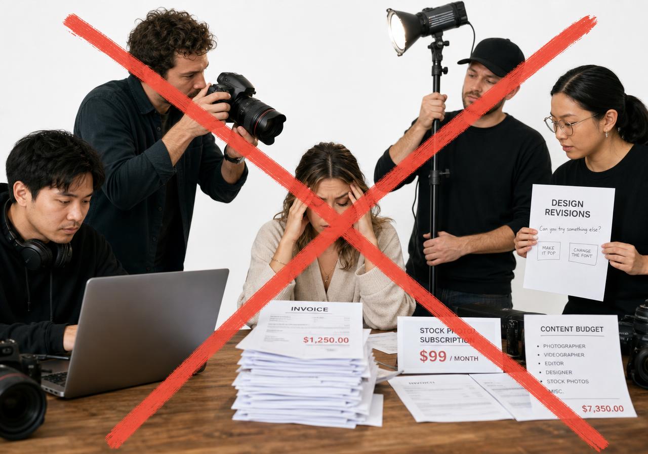 A business owner surrounded by a photographer, videographer, editor, designer and stock photo invoices — crossed out because Alive24 removes the need entirely