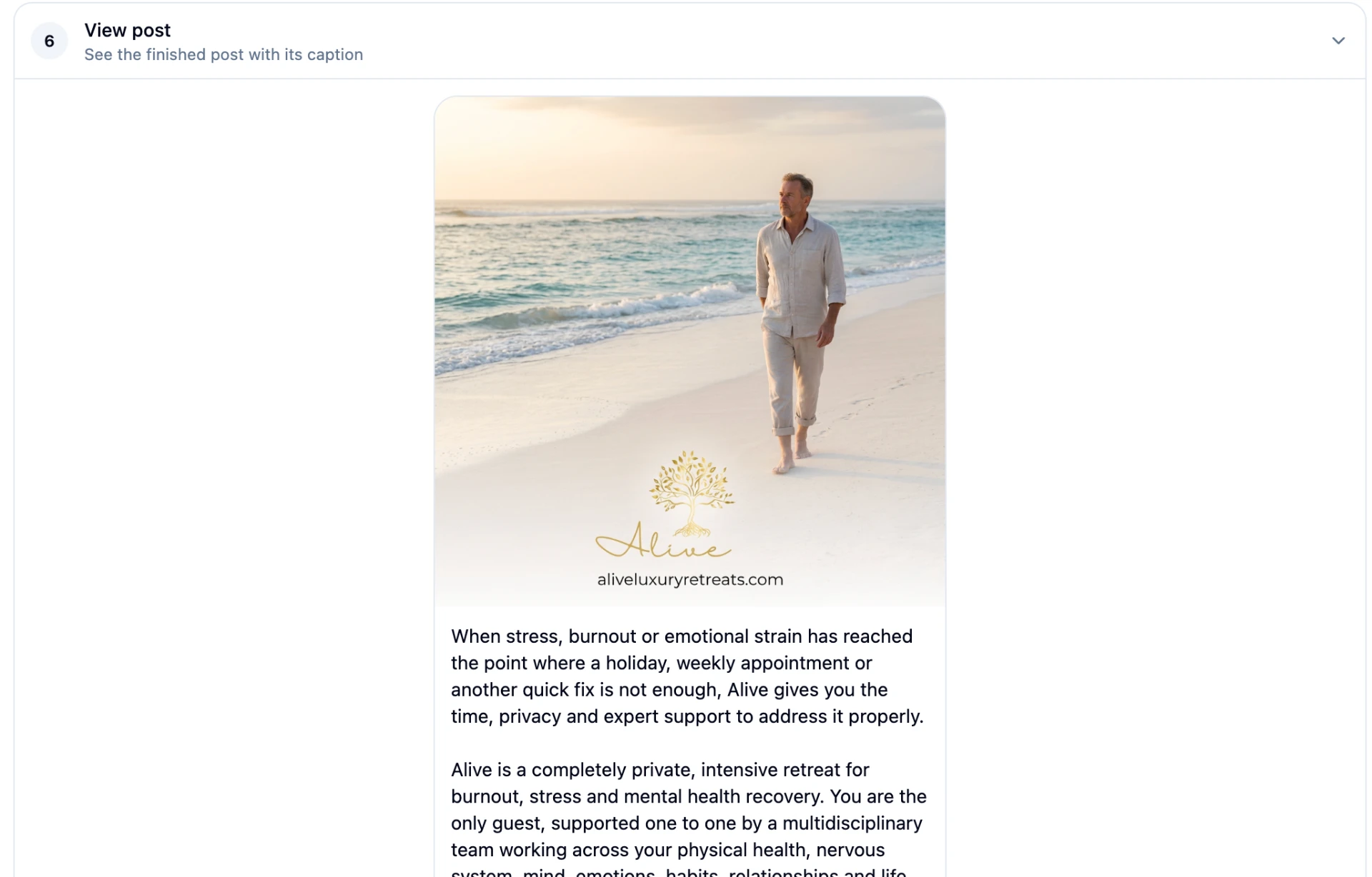 Previewing a finished social post inside the Alive24 planner