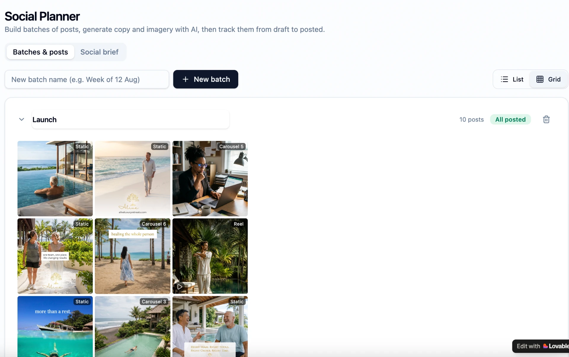 The Alive24 social media planner content grid