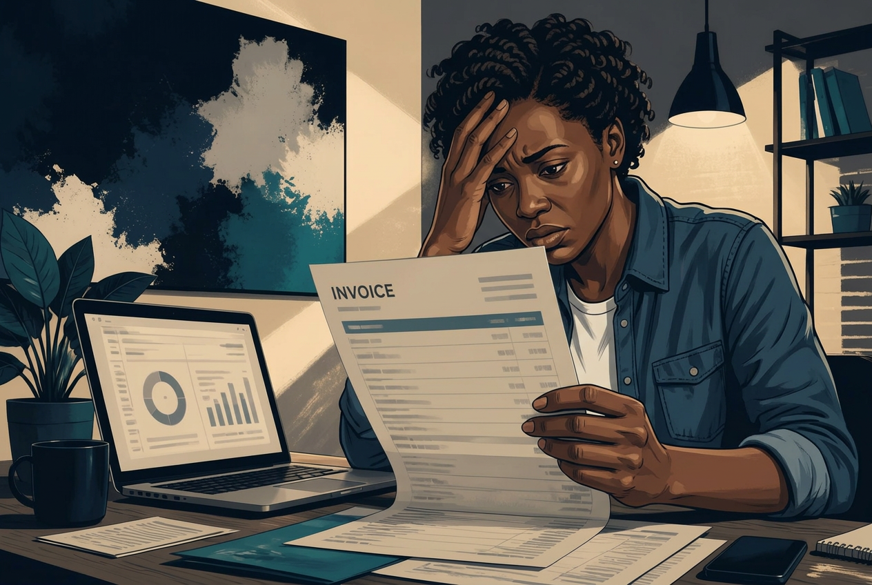 A small business owner holding a large agency invoice for google ai ads with line items she does not understand