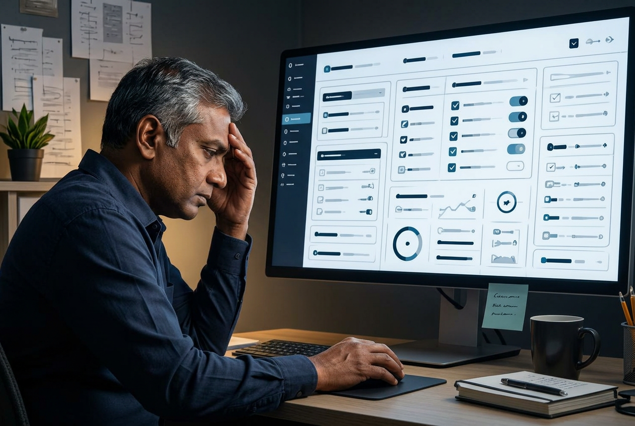 A business owner looking nervously at a facebook ads ai platform full of settings and recommendations