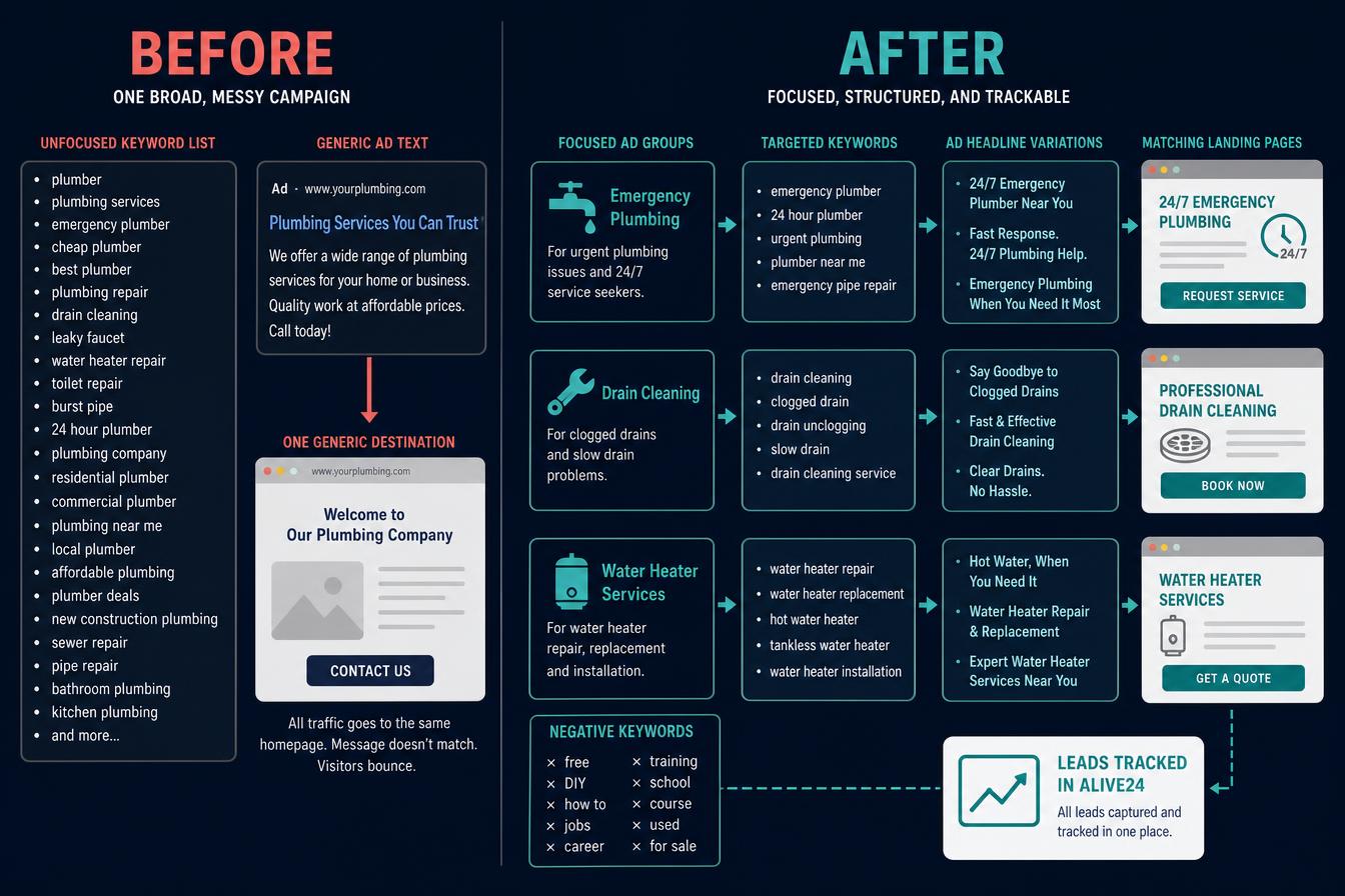 One broad campaign with a huge keyword list and a generic homepage on the left, rebuilt on the right as focused ad groups, short keyword lists, negative keywords, headline variations and matching landing pages with leads tracked in Alive24