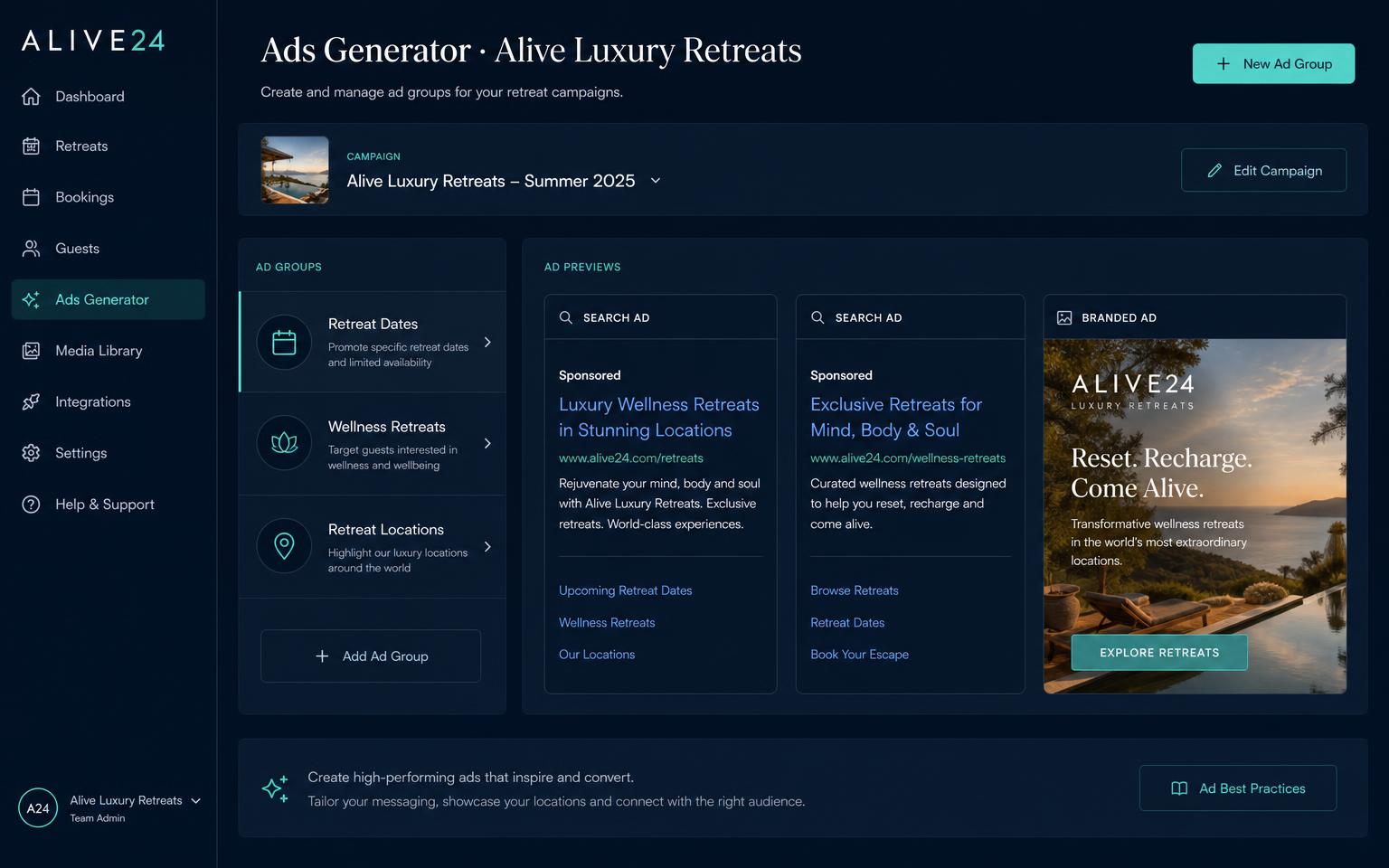 An Alive24 Ads Generator campaign for Alive Luxury Retreats with ad groups and ad previews