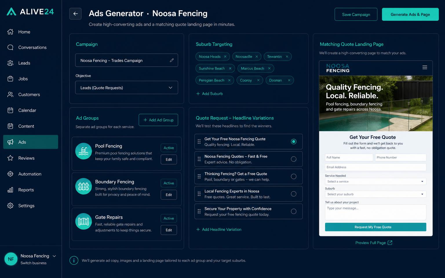 An Alive24 Ads Generator trades campaign for Noosa Fencing with suburb targeting and a quote landing page