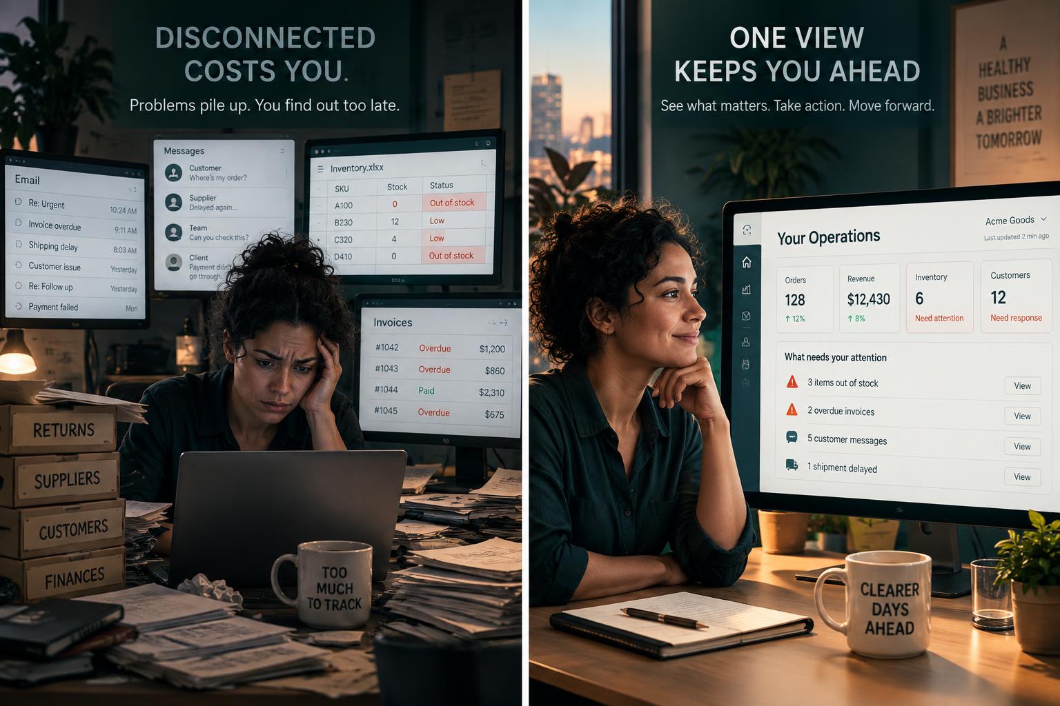Scattered screens, spreadsheets, messages and invoices beside one clear Alive24 operations view