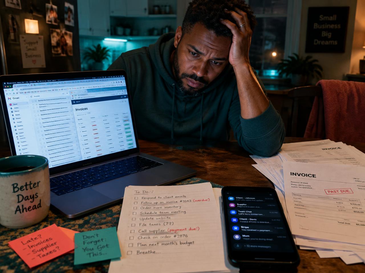 A small-business owner late at night trying to remember what is late, before using an AI business assistant