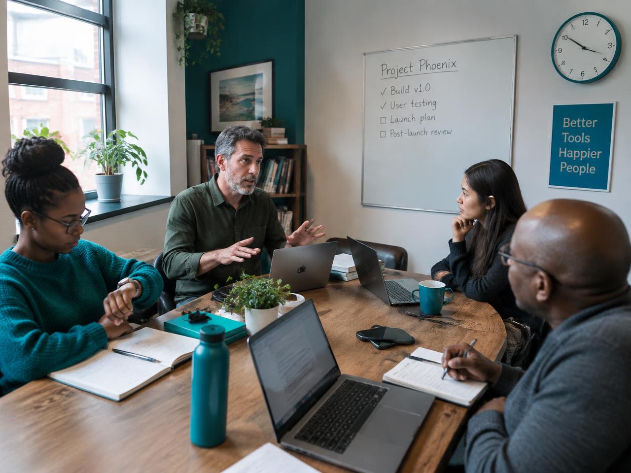 A small team in a long status meeting that an AI assistant for business could replace with a short briefing