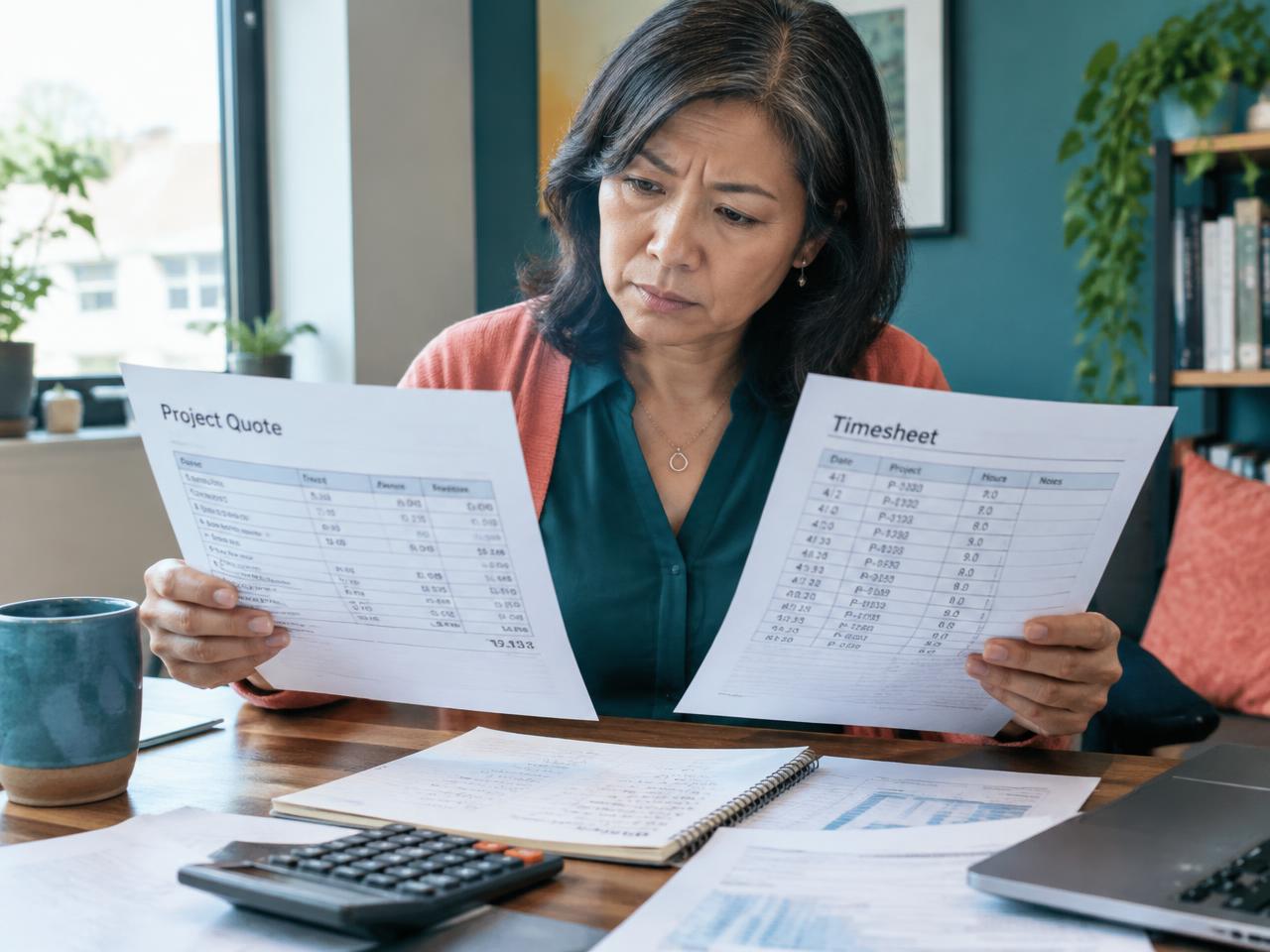A professional-services owner comparing a project quote against a much larger timesheet