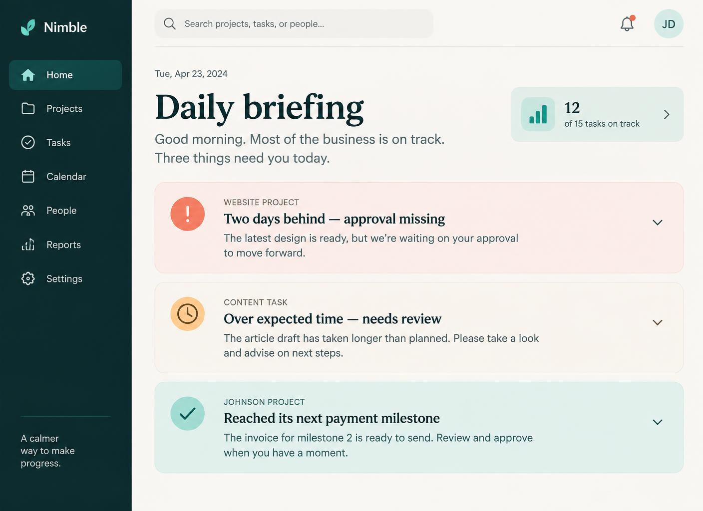 An Alive24 daily briefing showing the three items that need the owner today