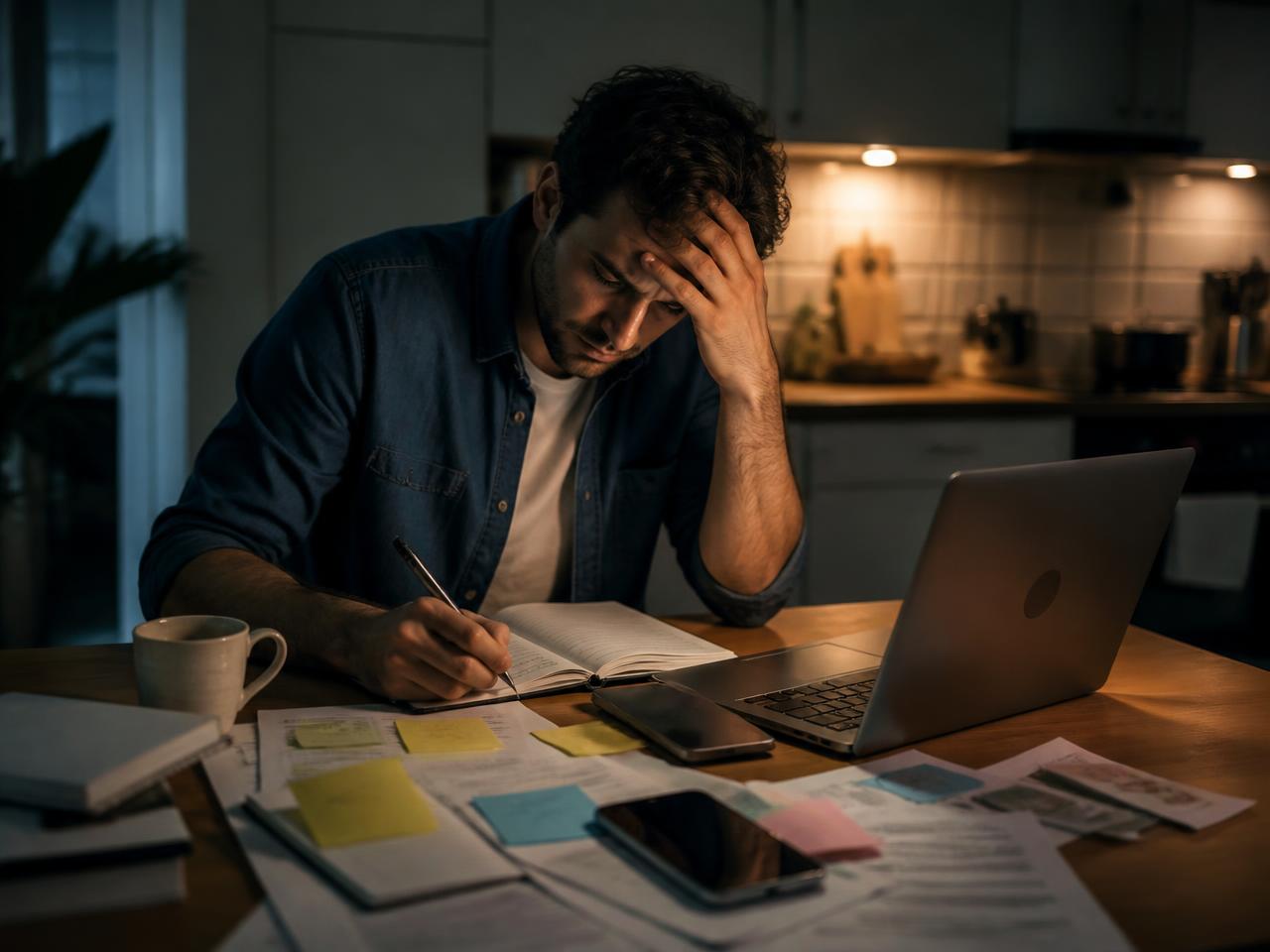 A solo business owner buried in apps, invoices and admin, trying to do all the marketing themselves