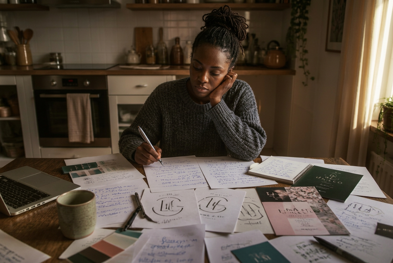 A new business owner at her kitchen table surrounded by handwritten small business branding notes and clashing draft logos and flyers
