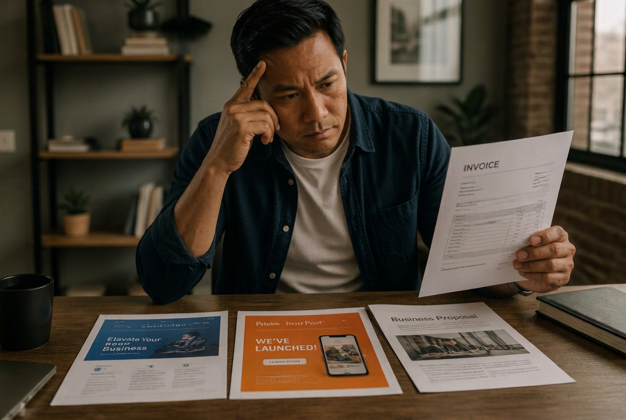 A business owner comparing printed pieces from a branding agency for small business that clearly do not match each other