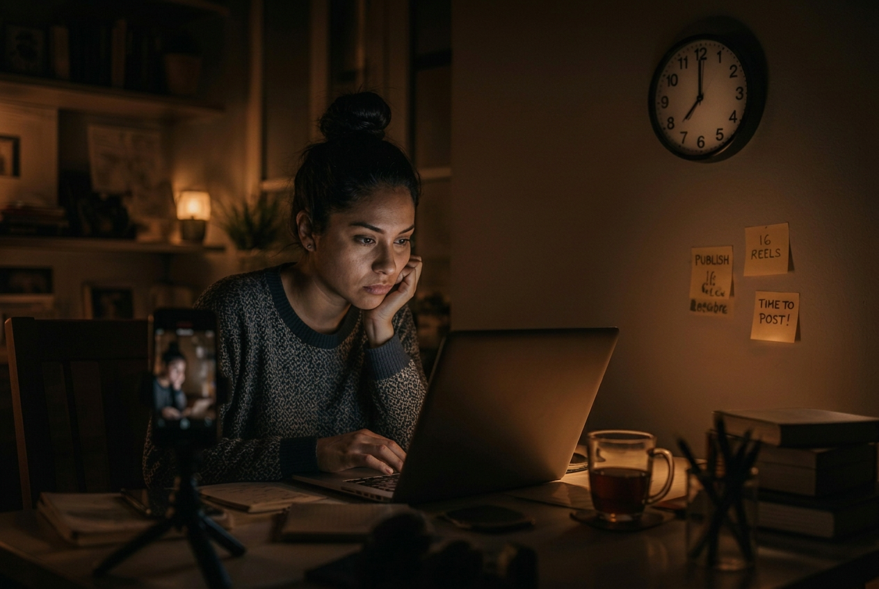A tired business owner working late at a laptop resizing graphics and recording a clumsy video on a phone