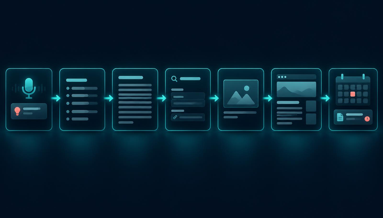 The Alive24 content workflow: topic idea, article structure, full draft, search elements, featured image, website preview and scheduled publication