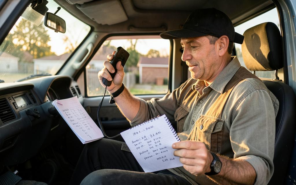 A tradesman in his ute juggling a phone call, job times and a paper quote with no online scheduling tool to hold them