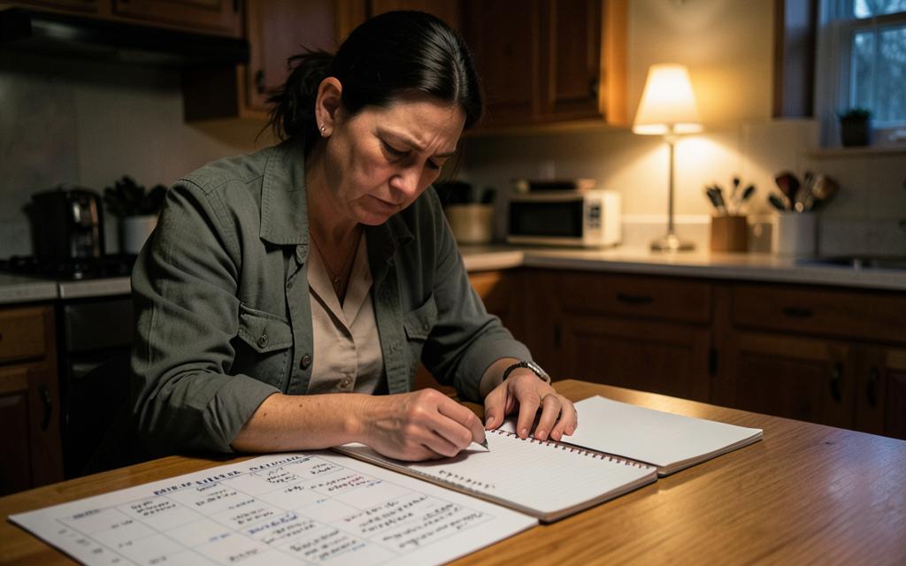 A consultant at a kitchen table late at night trying to work out where her hours went