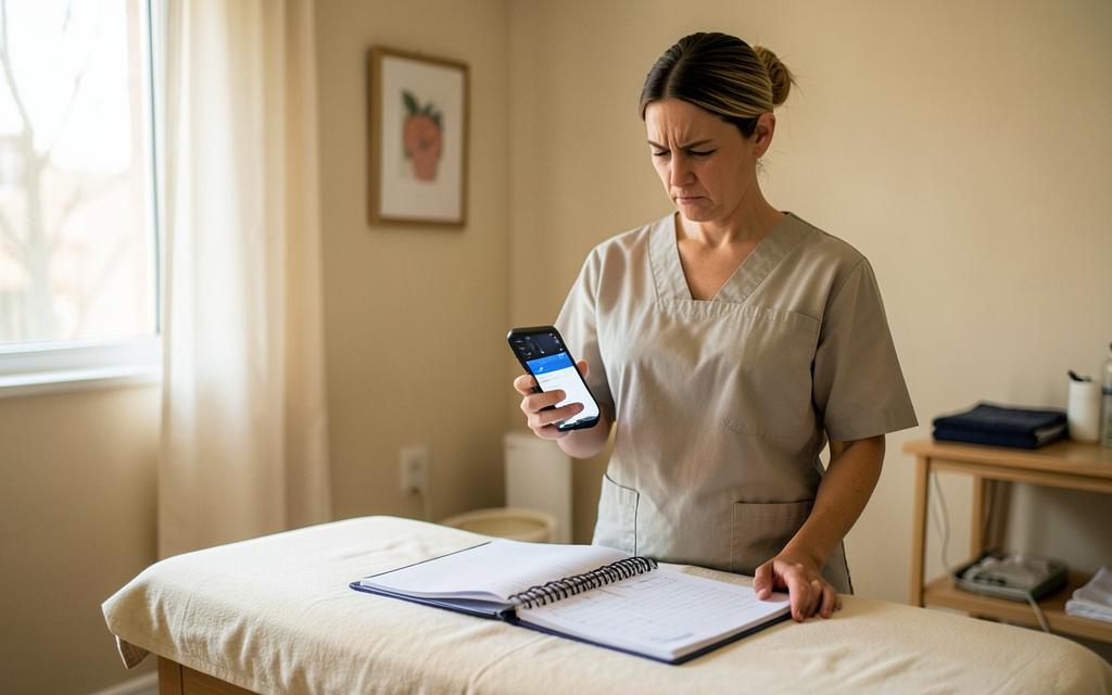 A therapist comparing online appointment booking software on her phone with a paper appointment book in her treatment room