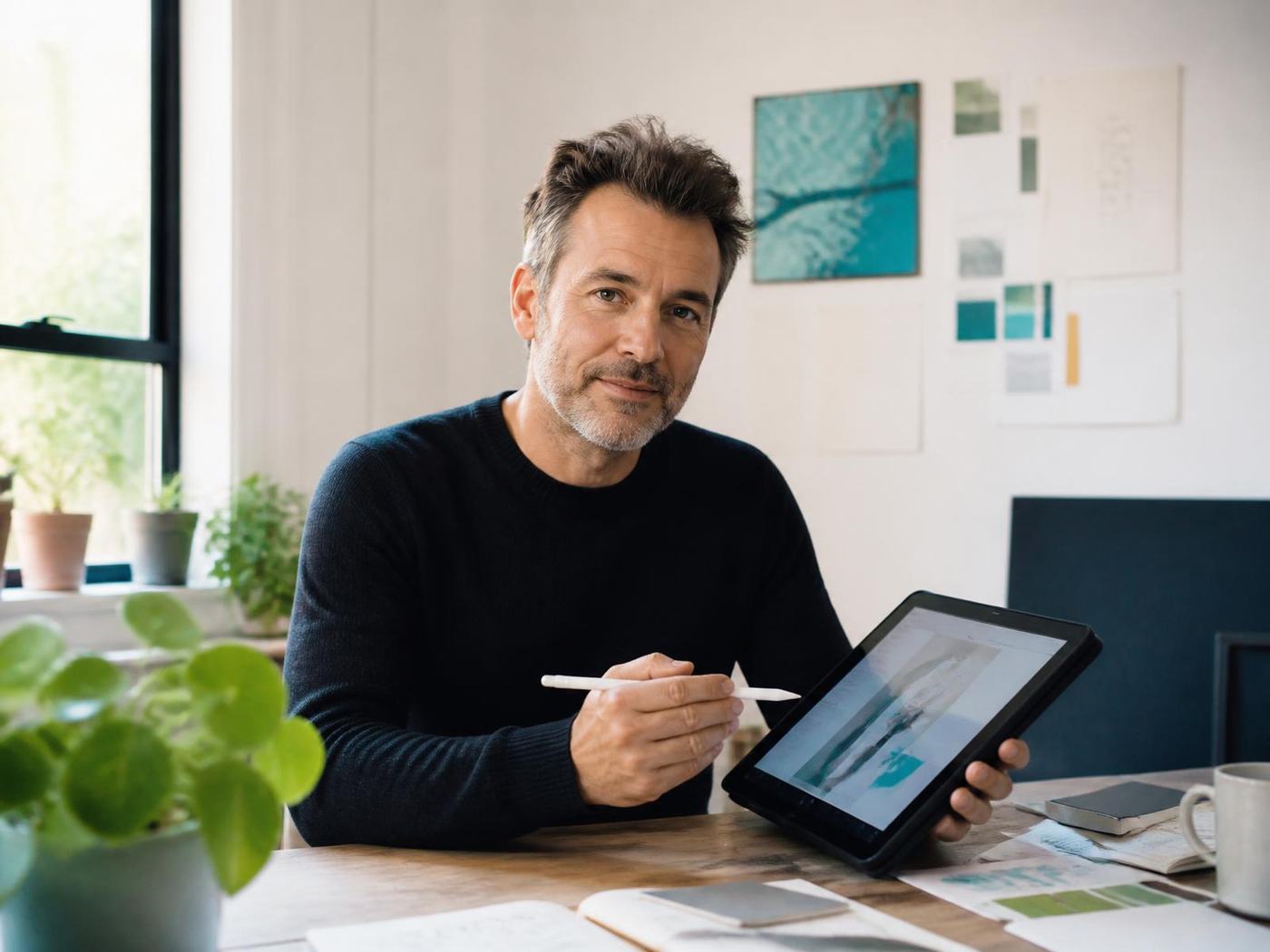 Solo brand designer presenting finished client work while Alive24 runs the business around him