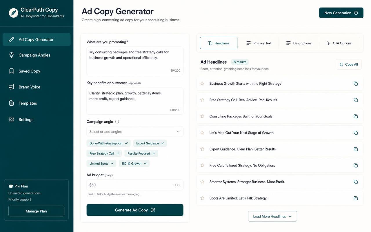 Advertising headlines and campaign angles drafted for a solo professional