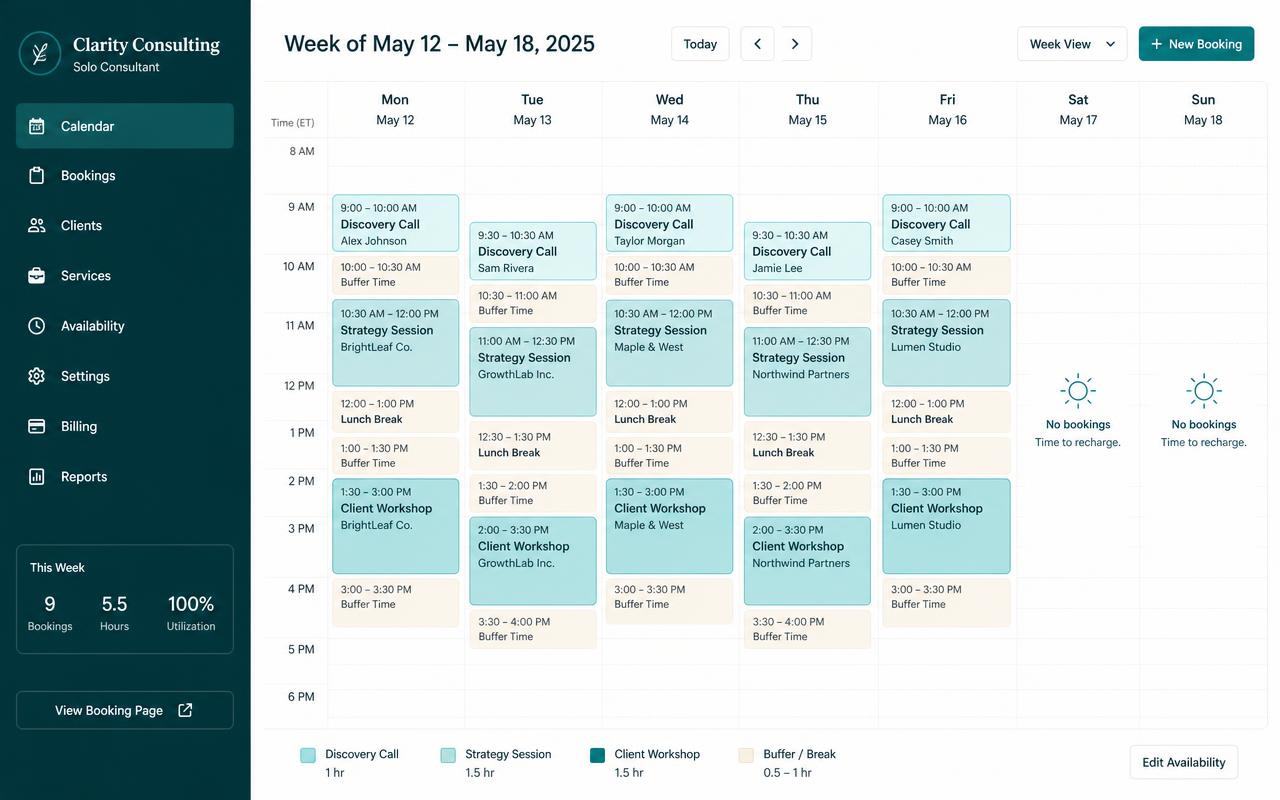 Booking calendar showing discovery calls and client sessions for the week