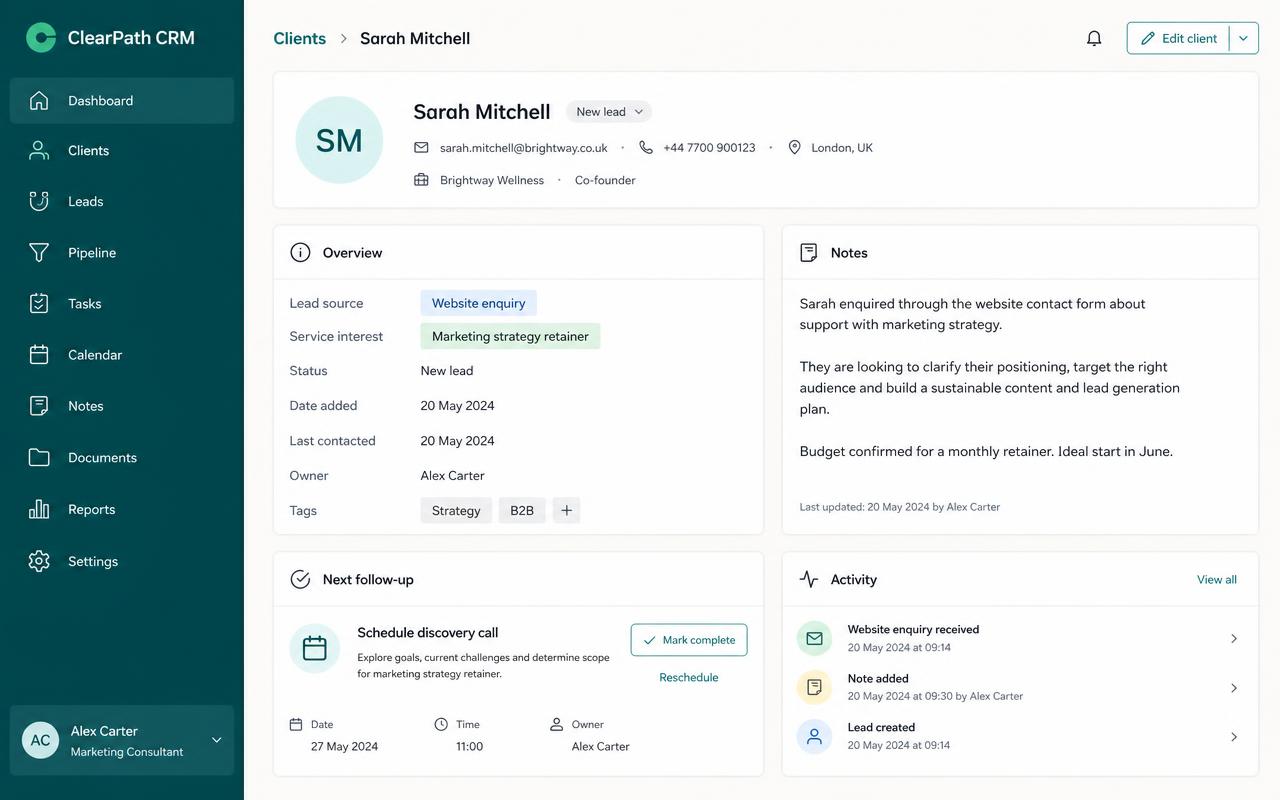 CRM record showing lead source, service interest, notes and next step