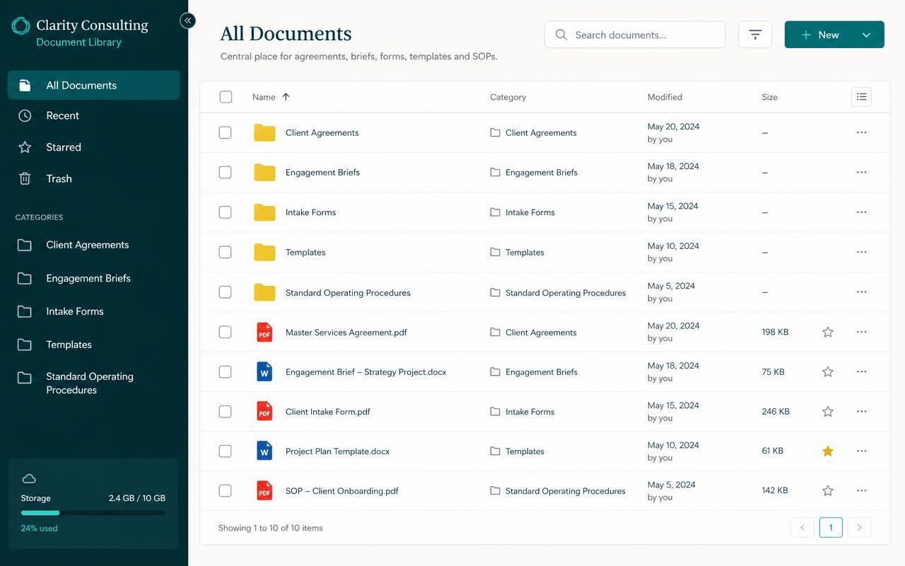 Document library with contracts, briefs, forms and standard operating procedures