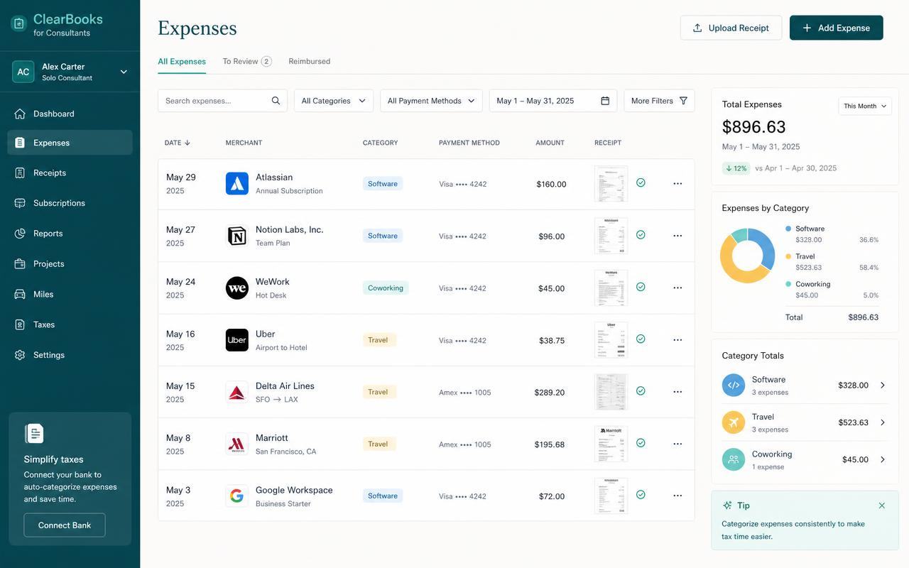 Expense tracking and receipt capture for a solo business