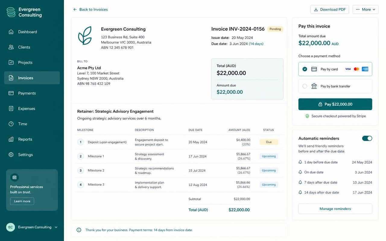 Invoice with deposit, instalment and card payment options