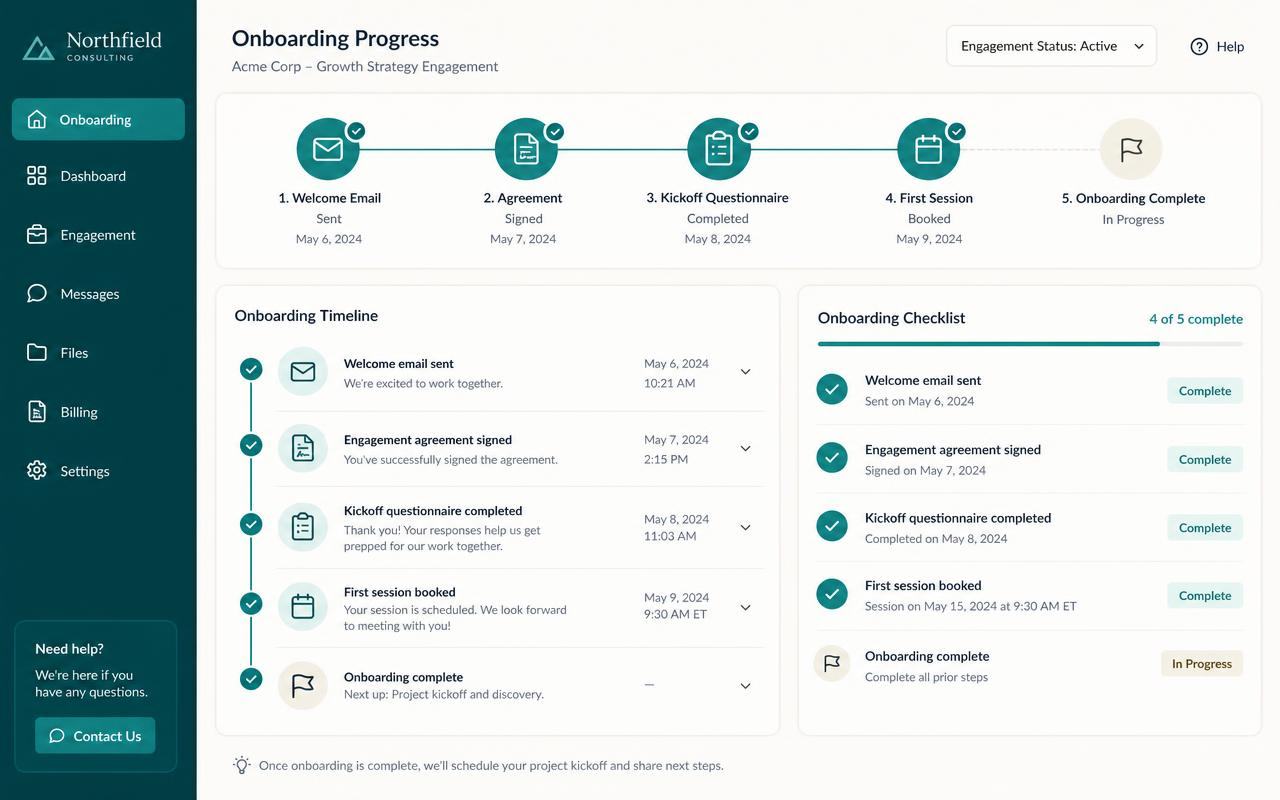 Client onboarding sequence with welcome, agreement and questionnaire