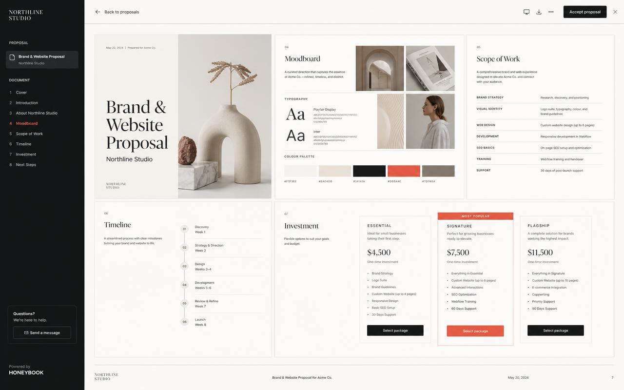 Branded proposal with package options, scope, timeline and pricing