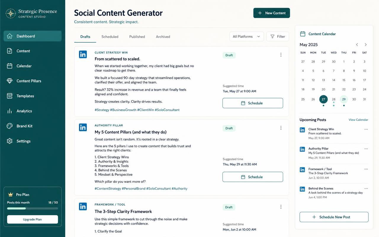 Social post drafts generated from a consultant's own services and case studies