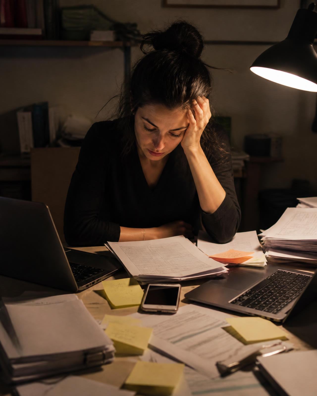 Solo professional working late at a desk covered in paperwork, invoices and sticky notes
