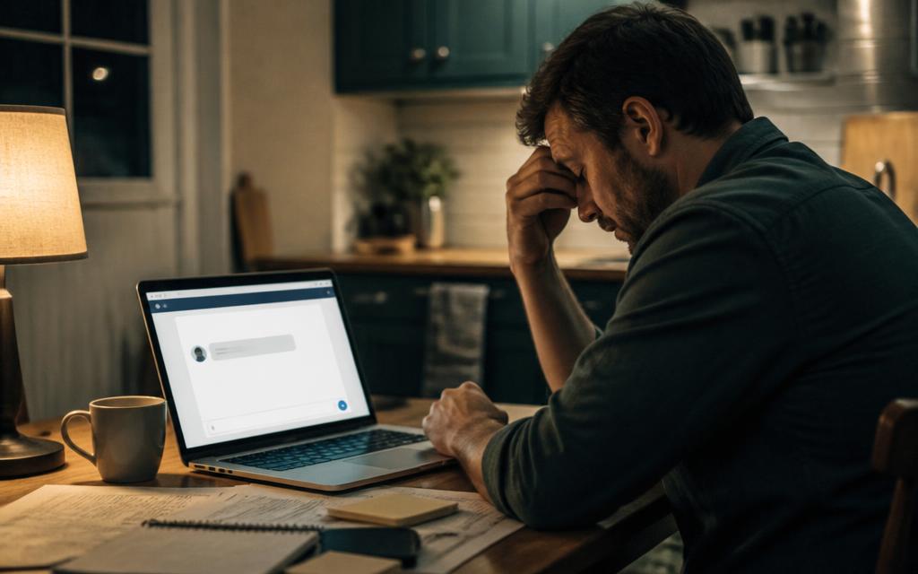 A small-business owner frustrated at basic web chat software giving an unhelpful reply in a web chat box