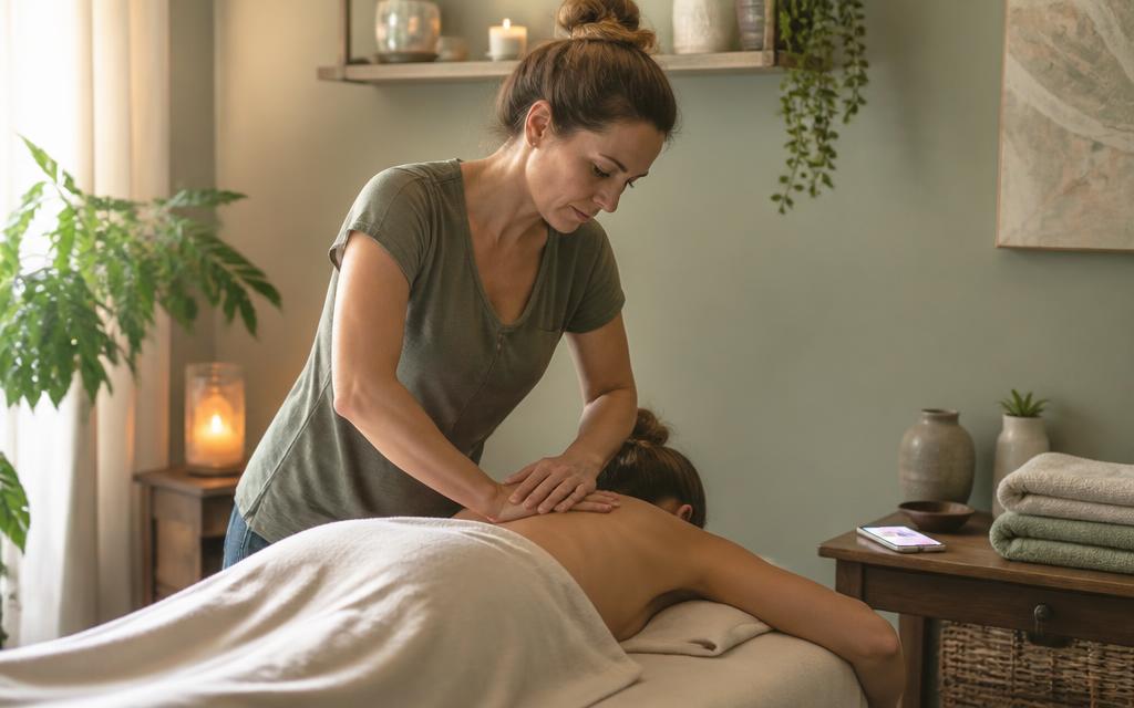 A solo wellness practitioner mid-treatment with no customer service live chat software answering the enquiry lighting up her phone