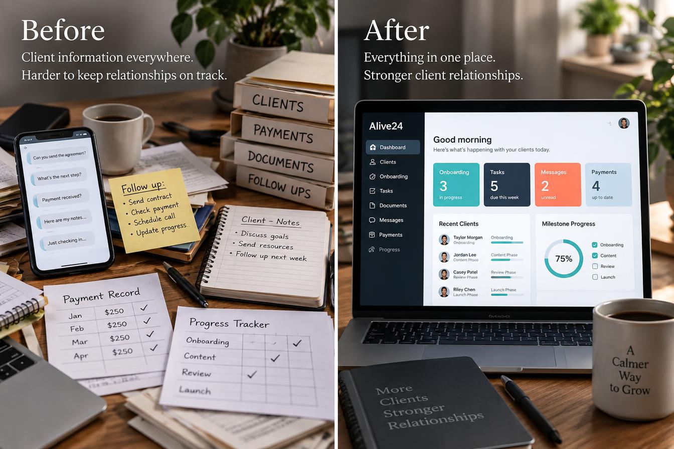 Scattered client messages, payment records, documents and progress notes beside one connected Alive24 client dashboard