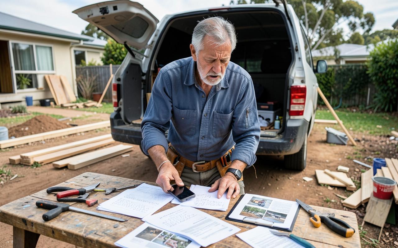 A trades business owner sorting scattered client notes that belong in one customer relationship management system