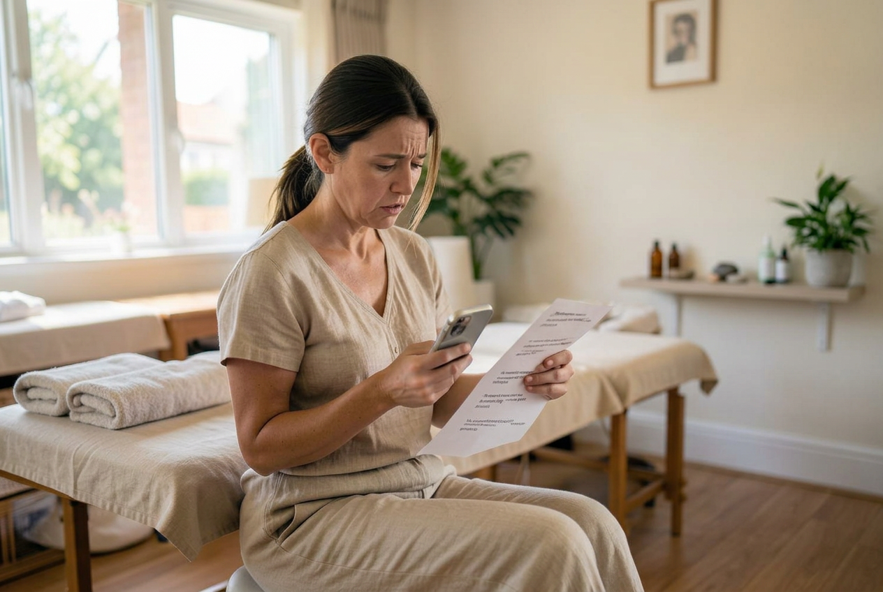 A wellness professional handling repeated client update messages before using customer relationship management software