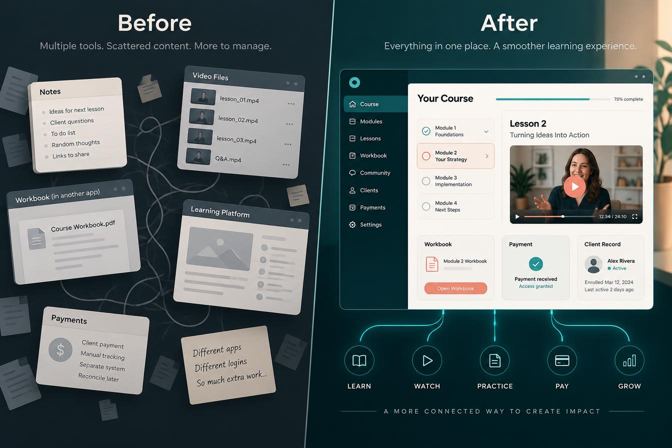Scattered course files and platforms beside one connected Alive24 course