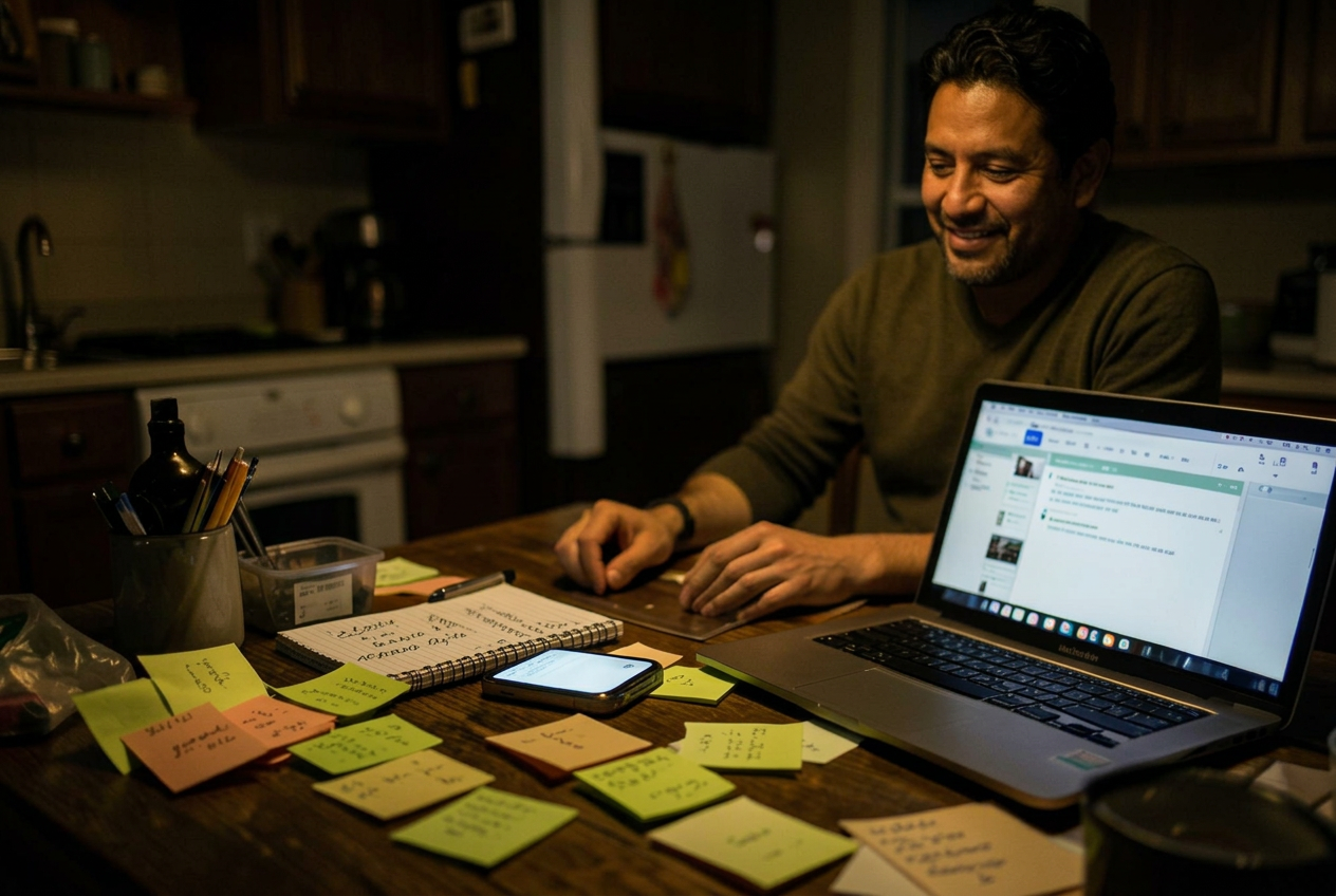 A business owner at night surrounded by sticky notes and unread messages instead of a small business CRM