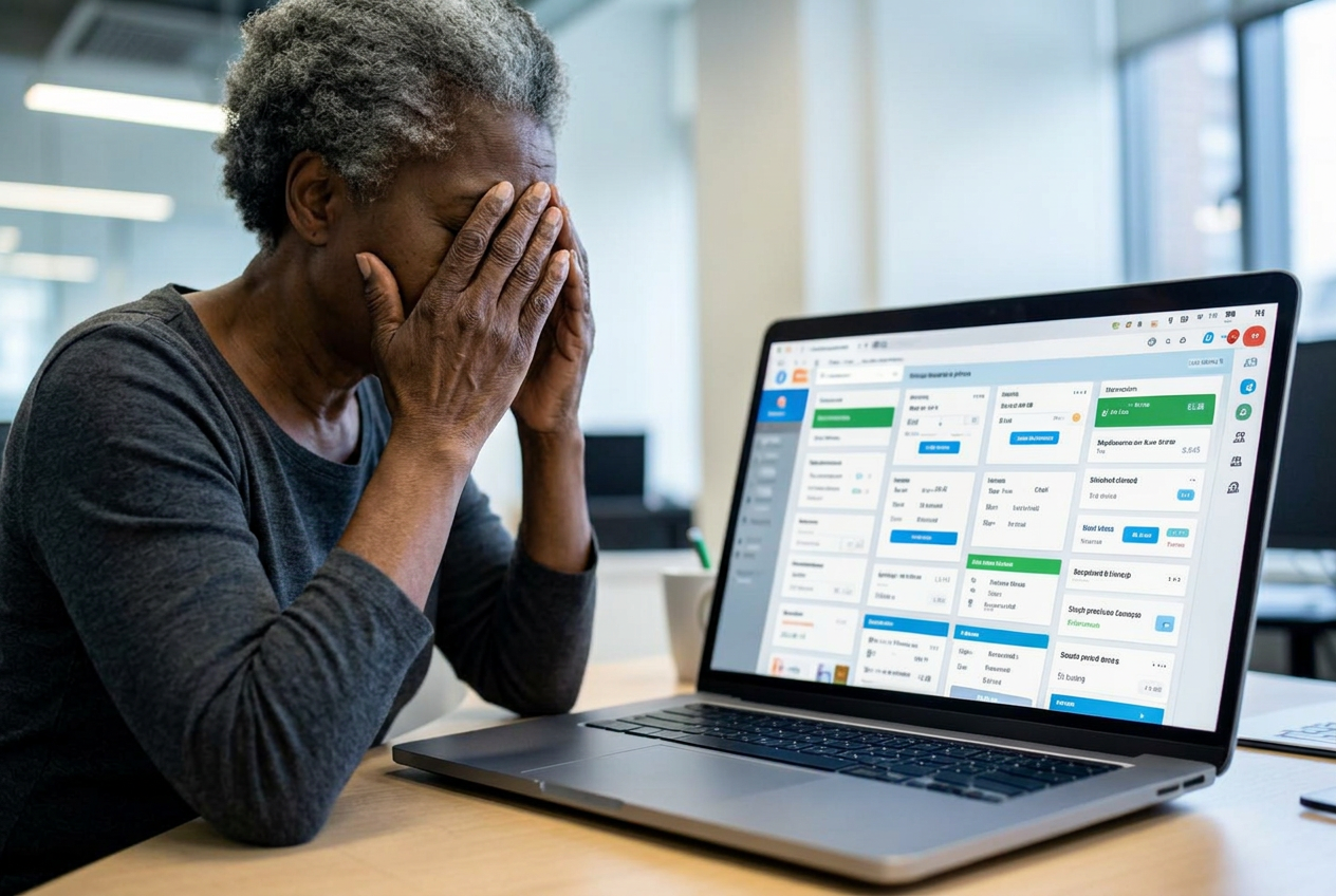 A frustrated business owner in front of overcomplicated CRM tools for small business with far too many panels