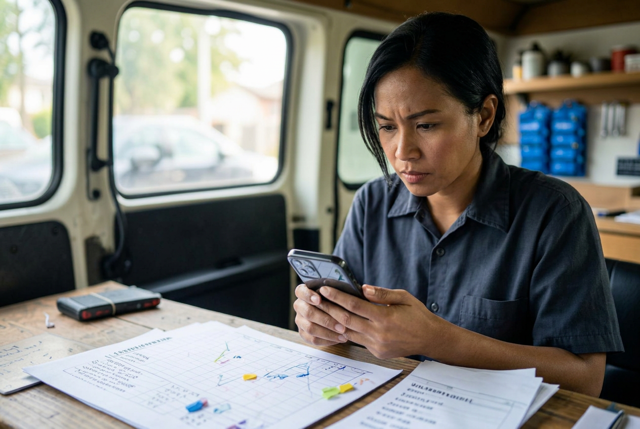 A service business owner squinting at a spreadsheet on a phone with a paper list of customer names beside them