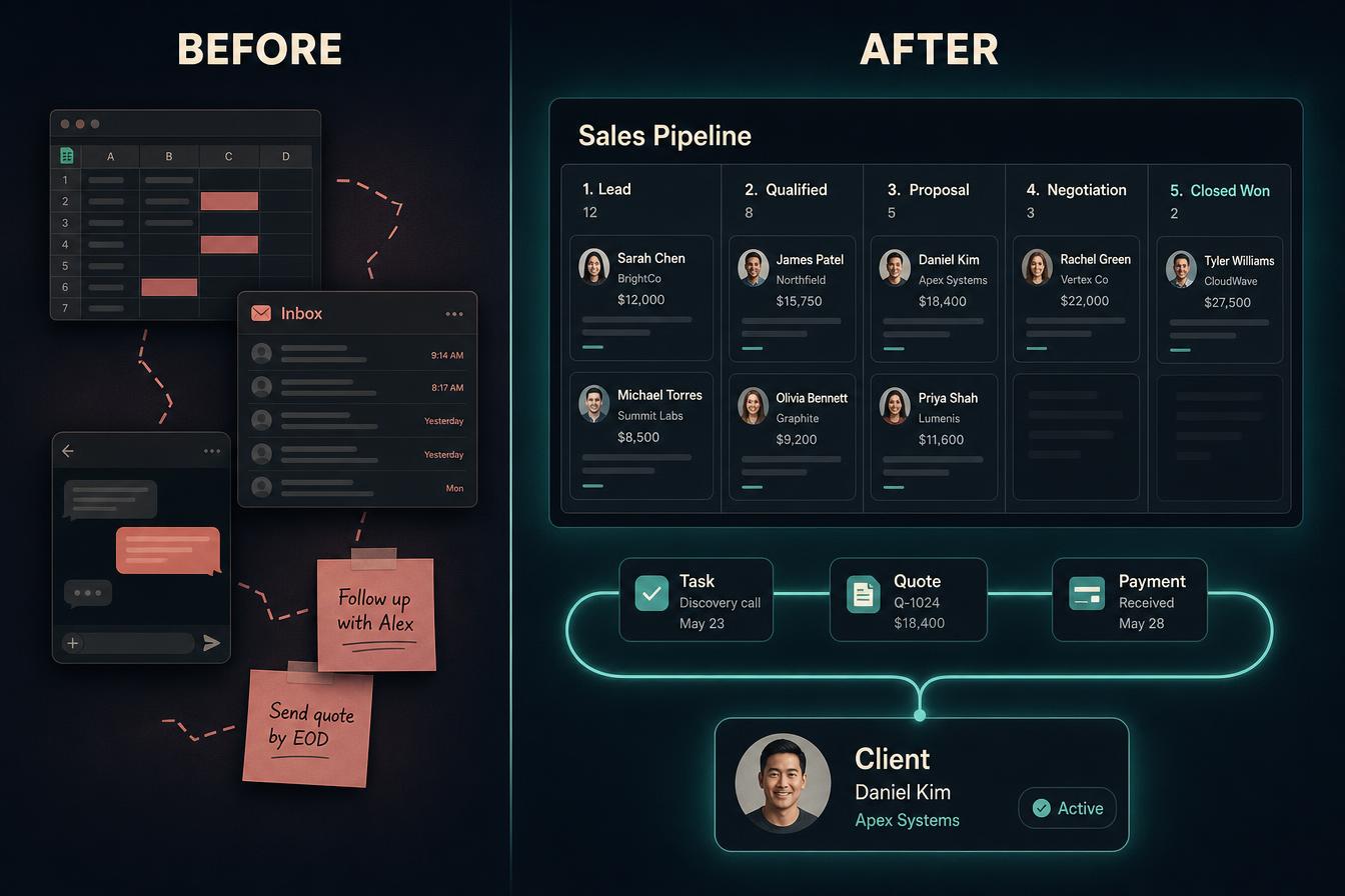 Leads scattered across a spreadsheet, an inbox, messages and sticky notes on the left, rebuilt on the right as one Alive24 sales pipeline with stages, a task, a quote, a payment and a connected client record