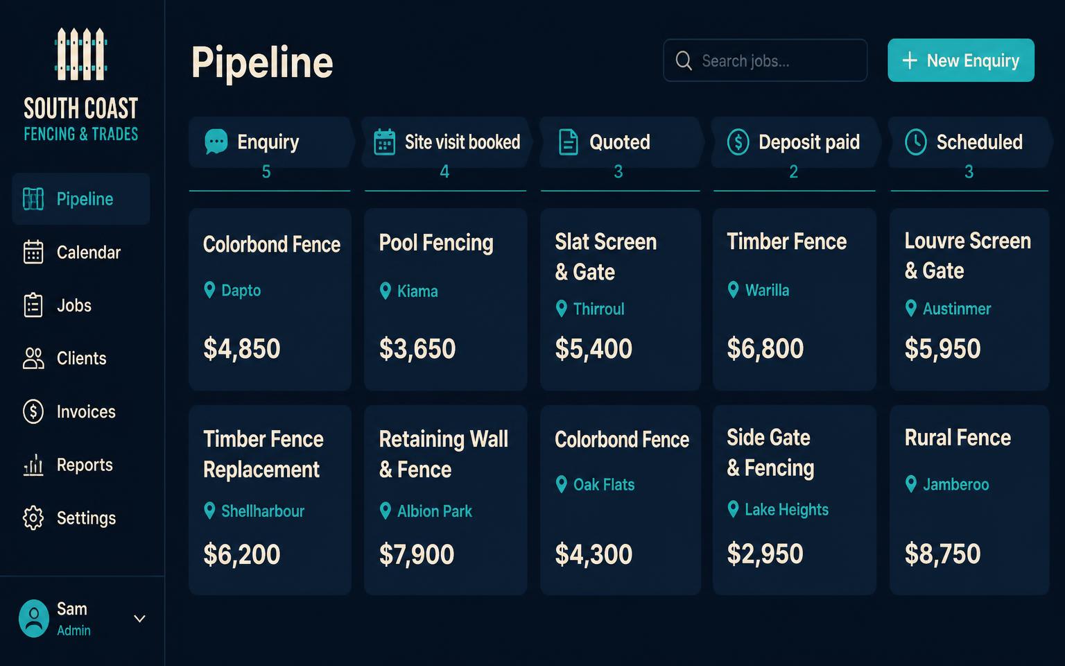 An Alive24 pipeline for a trades business with enquiry, site visit booked, quoted, deposit paid and scheduled stages, each job showing a suburb and a value