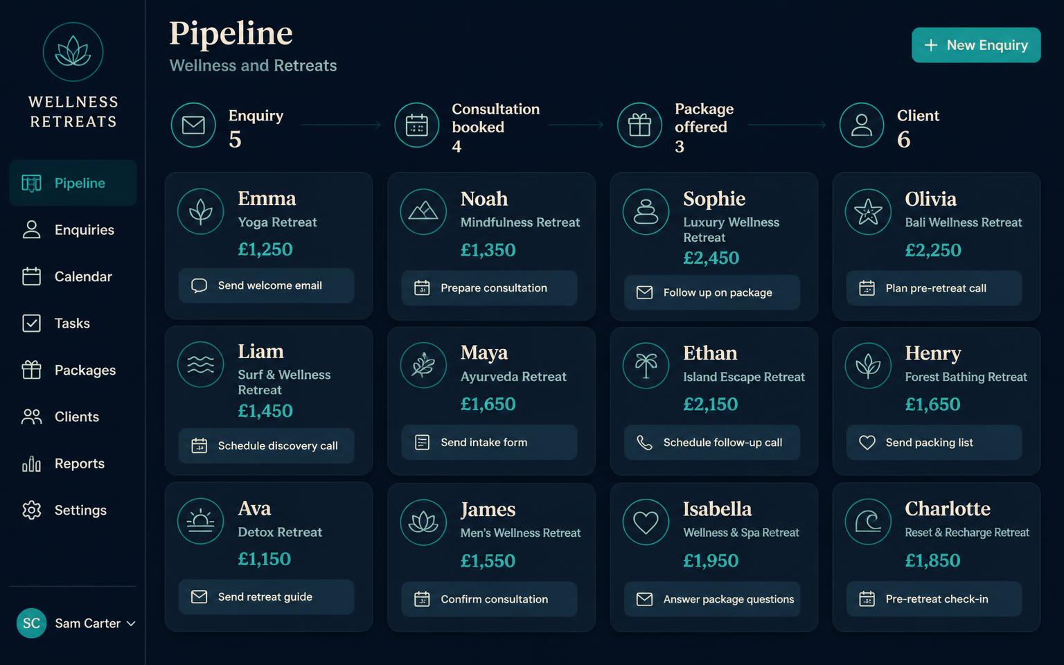 An Alive24 pipeline for a wellness business with enquiry, consultation booked, package offered and client stages, each card showing a value and a follow-up task