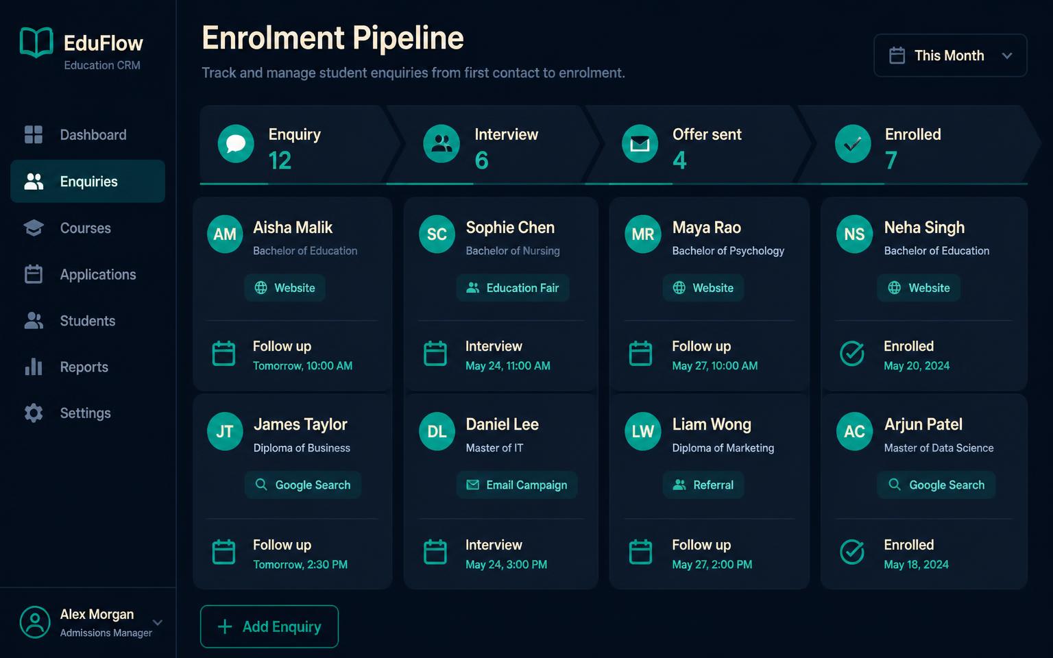 An Alive24 pipeline for a course business with enquiry, interview, offer sent and enrolled stages, each enquiry showing its source and next follow-up